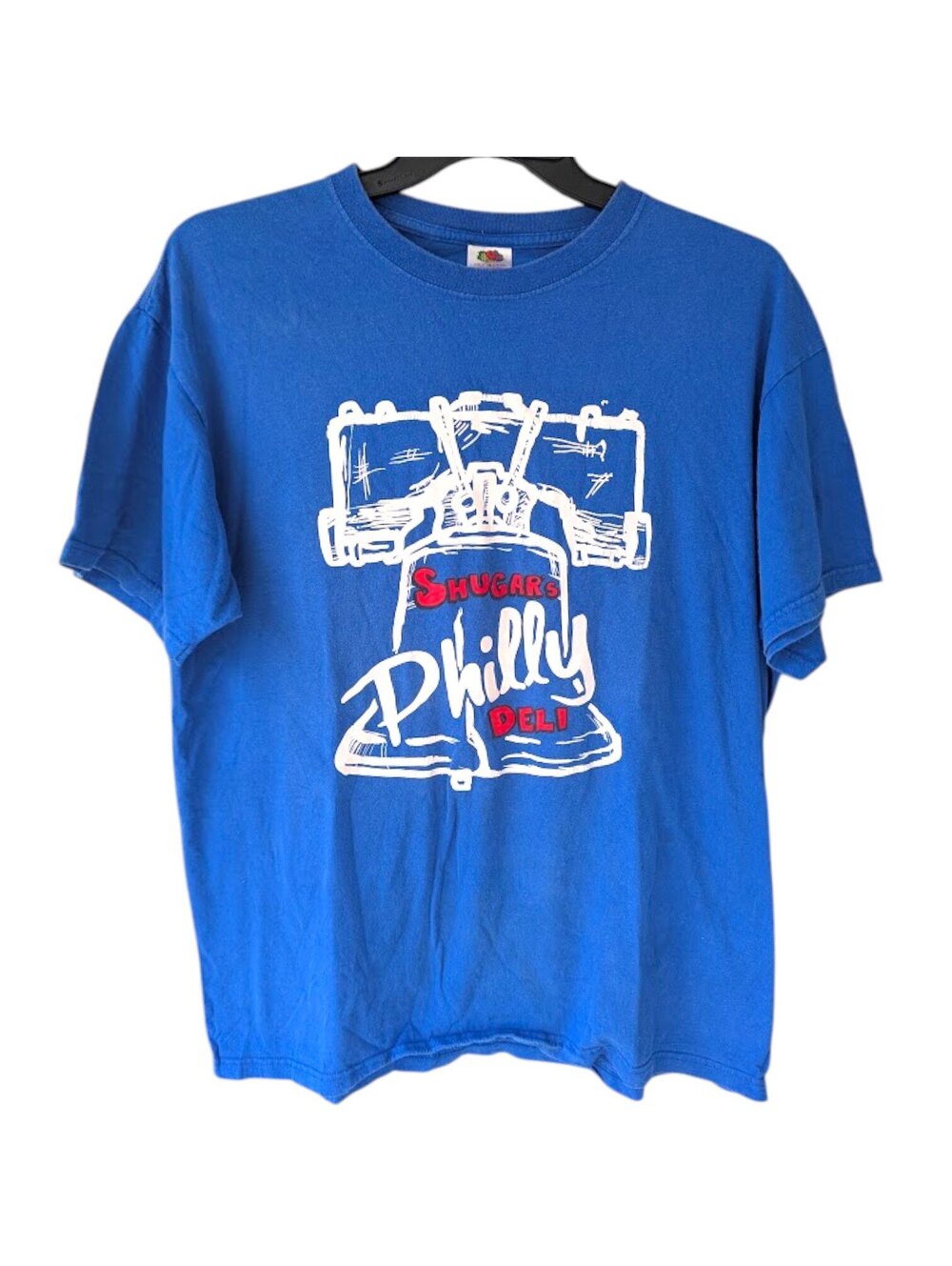 Vintage Shugar's Philly Deli Graphic T-Shirt Men XL Blue Liberty Bell y2k Summer